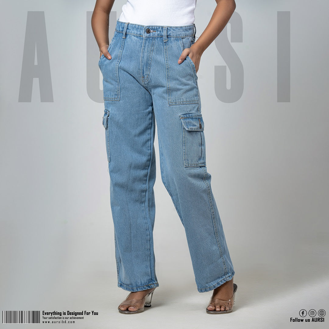 Denim Cargo Pants - Light Blue