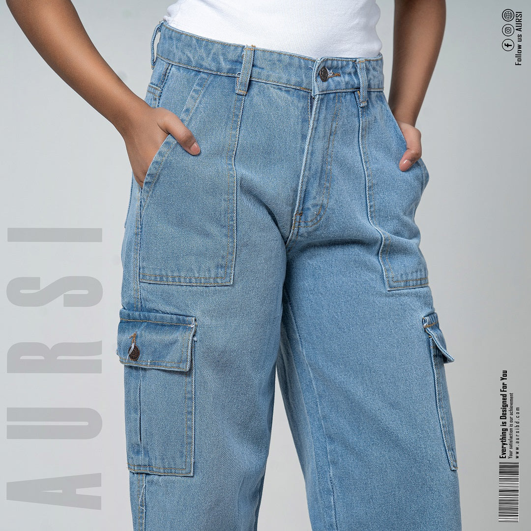 Denim Cargo Pants - Light Blue