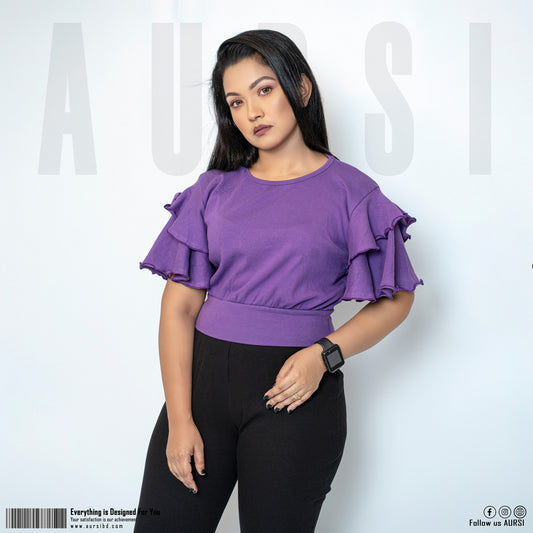 Double Layer Sleeve Crop Top - Purple