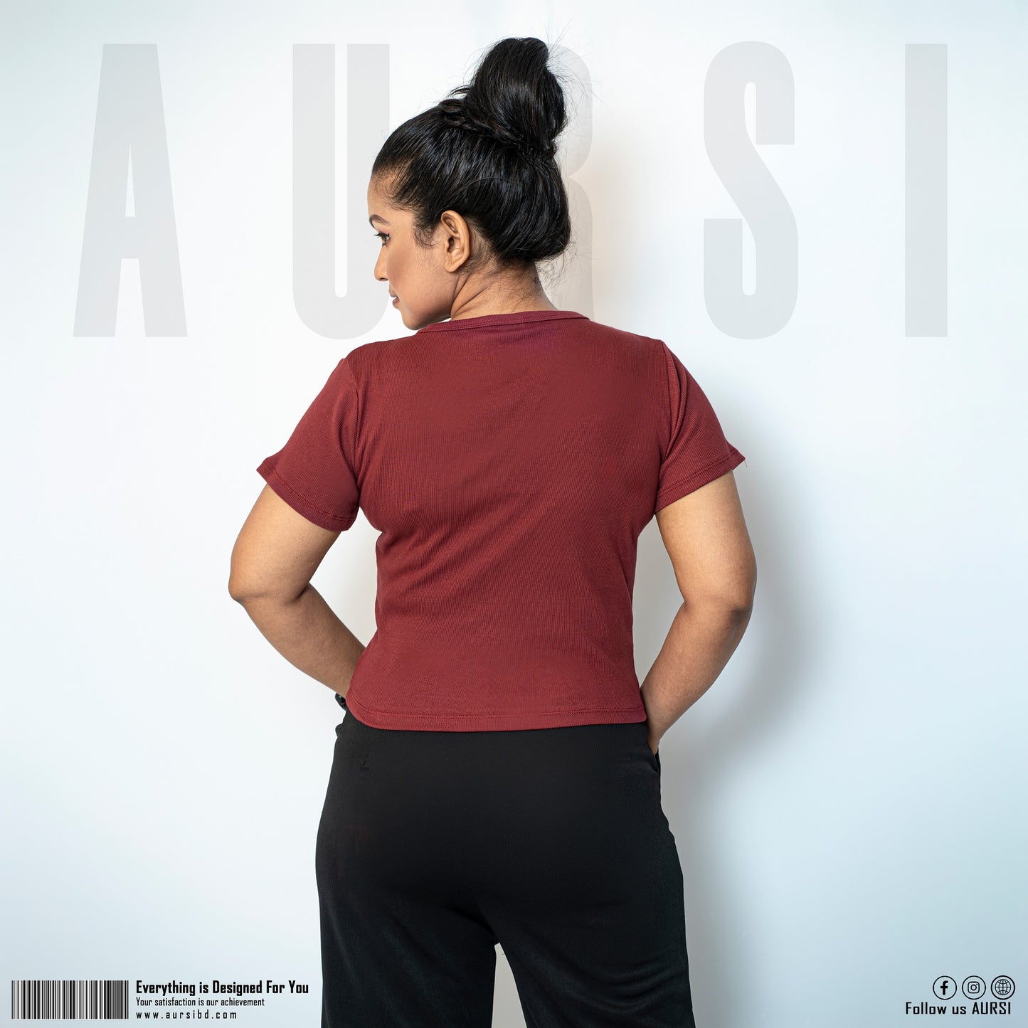 Crop T-Shirt - Ribbed Cotton Fabric - Maroon